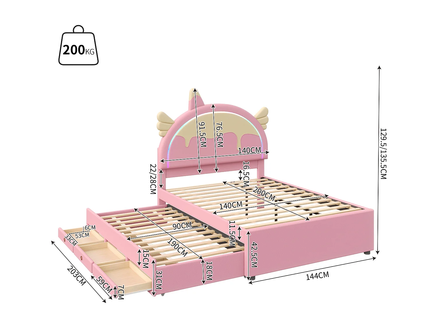 Lit d'enfant de dessin animé Rose 140 * 200cm, matériel pu, avec lit dépliable rétractable, forme de Licorne