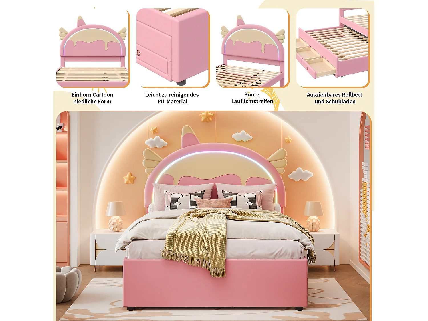 Lit d'enfant de dessin animé Rose 140 * 200cm, matériel pu, avec lit dépliable rétractable, forme de Licorne