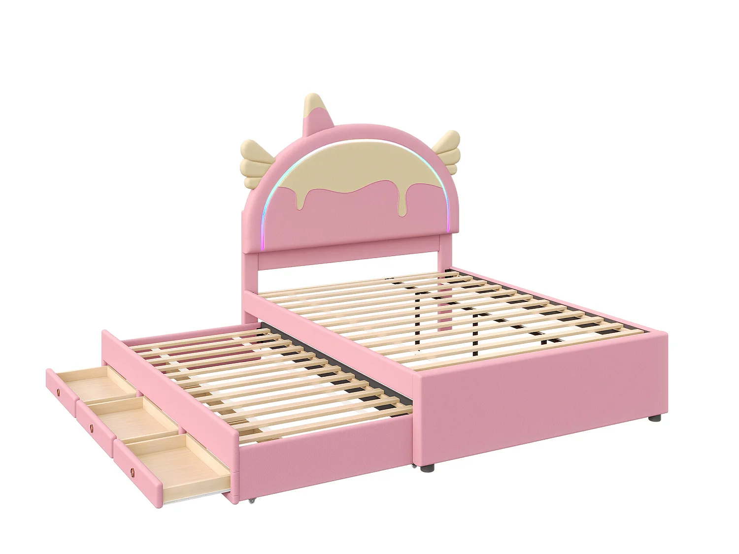 Lit d'enfant de dessin animé Rose 140 * 200cm, matériel pu, avec lit dépliable rétractable, forme de Licorne