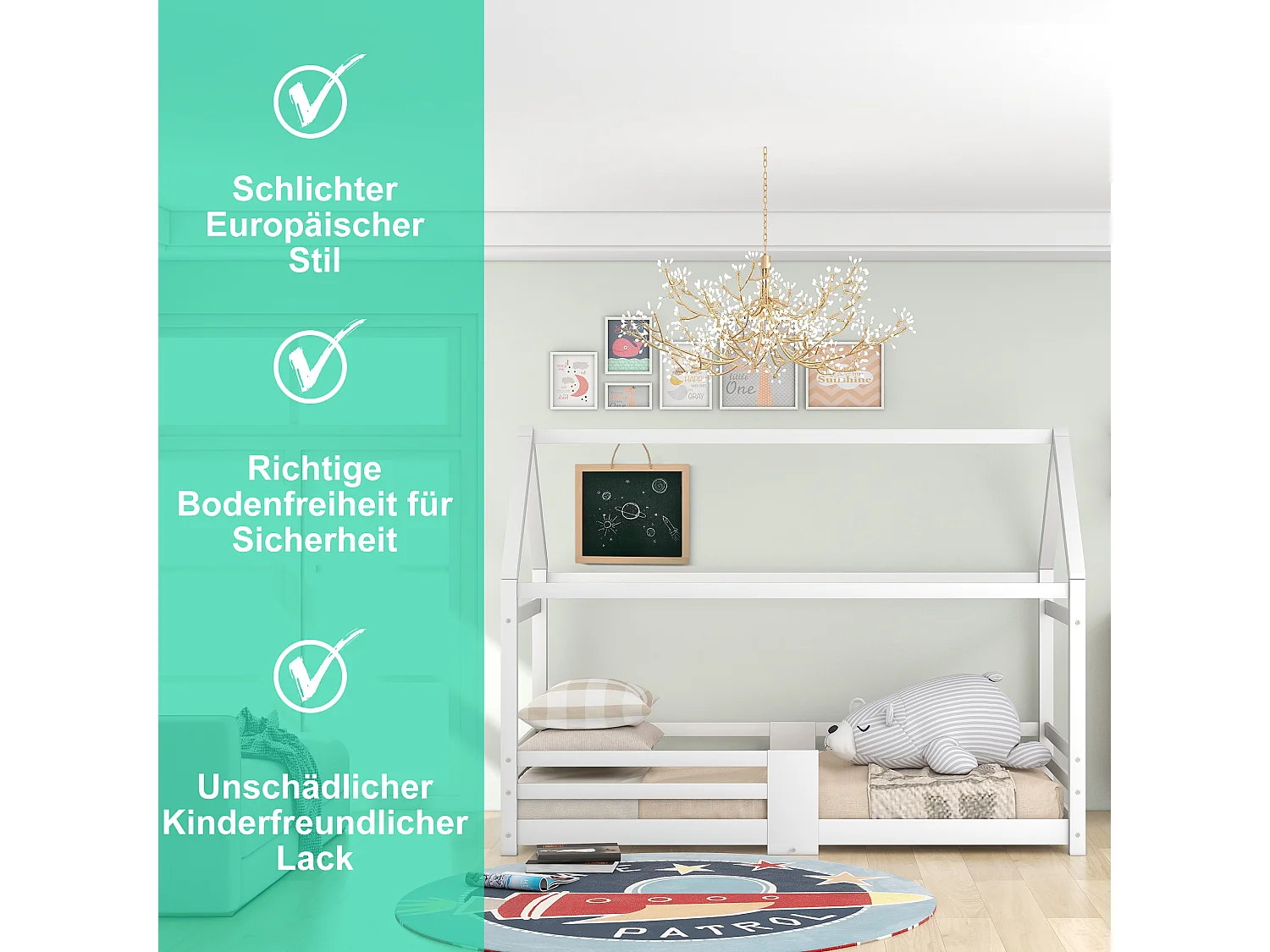 Lit Enfant 90 X 200 cm En Bois Avec Tablette - Sommier À Lattes Antichute - En Pin - Blanc - Sans Matelas