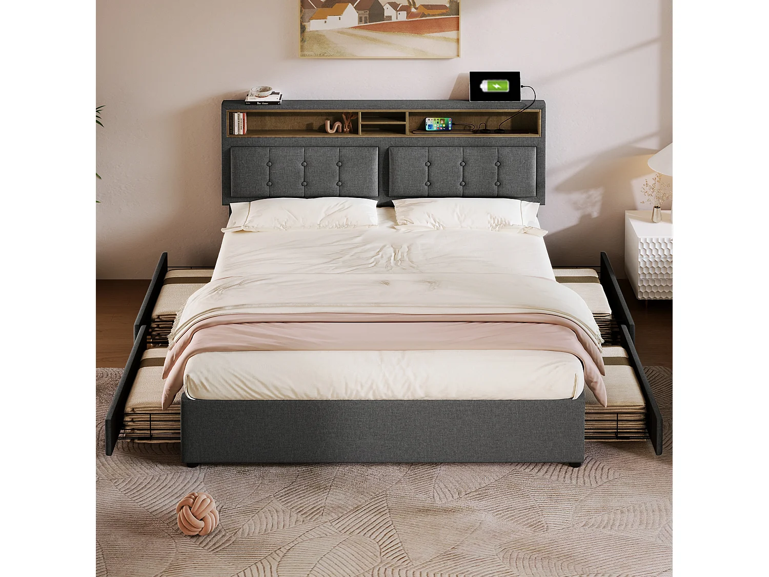 Cama acolchoada para adulto 180 x 1034 cm, sem cabeceira, com faixa LED (monocromática), base com suspensão hidráulica, bege.