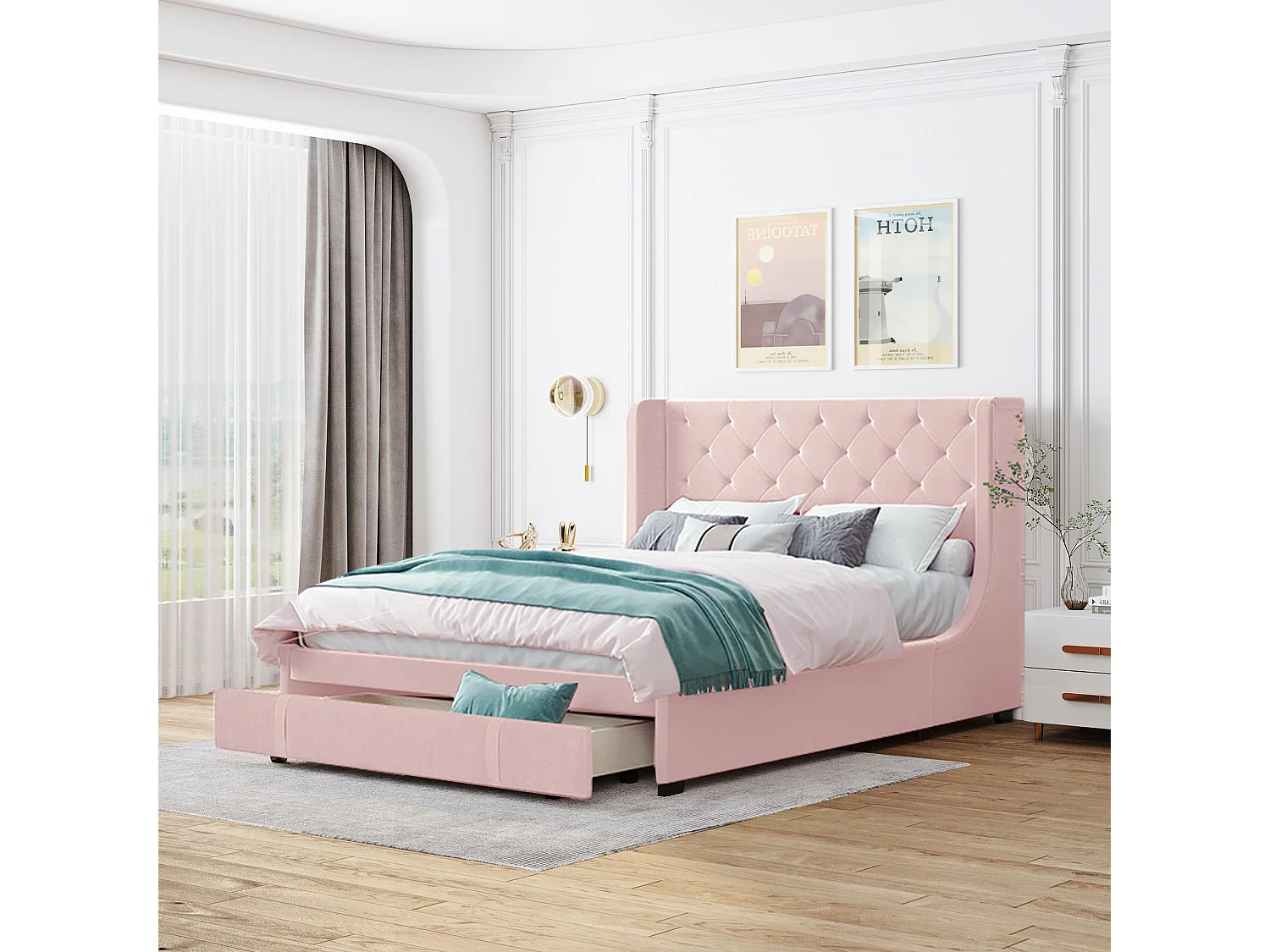 Lit Double Capitonné 140 X 200 cm - Avec Sommier À Lattes - Dossier et Grands Tiroirs - Rose - Sans Matelas