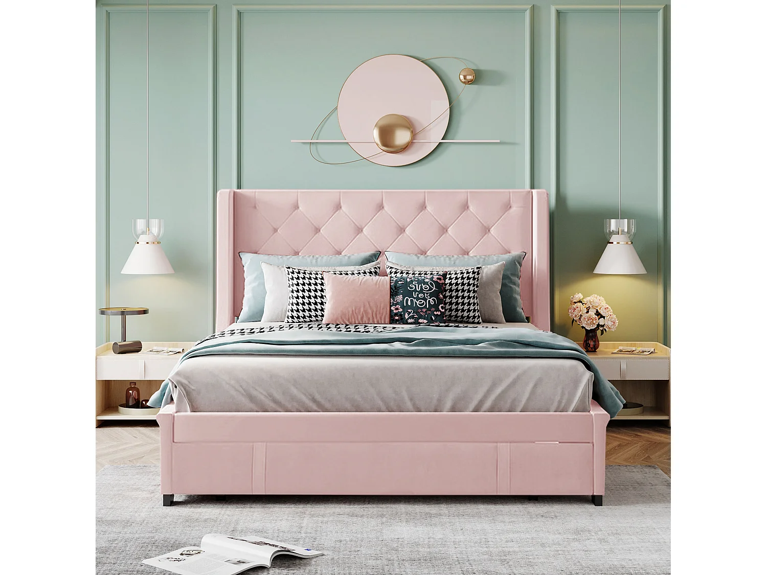 Lit Double Capitonné 140 X 200 cm - Avec Sommier À Lattes - Dossier et Grands Tiroirs - Rose - Sans Matelas