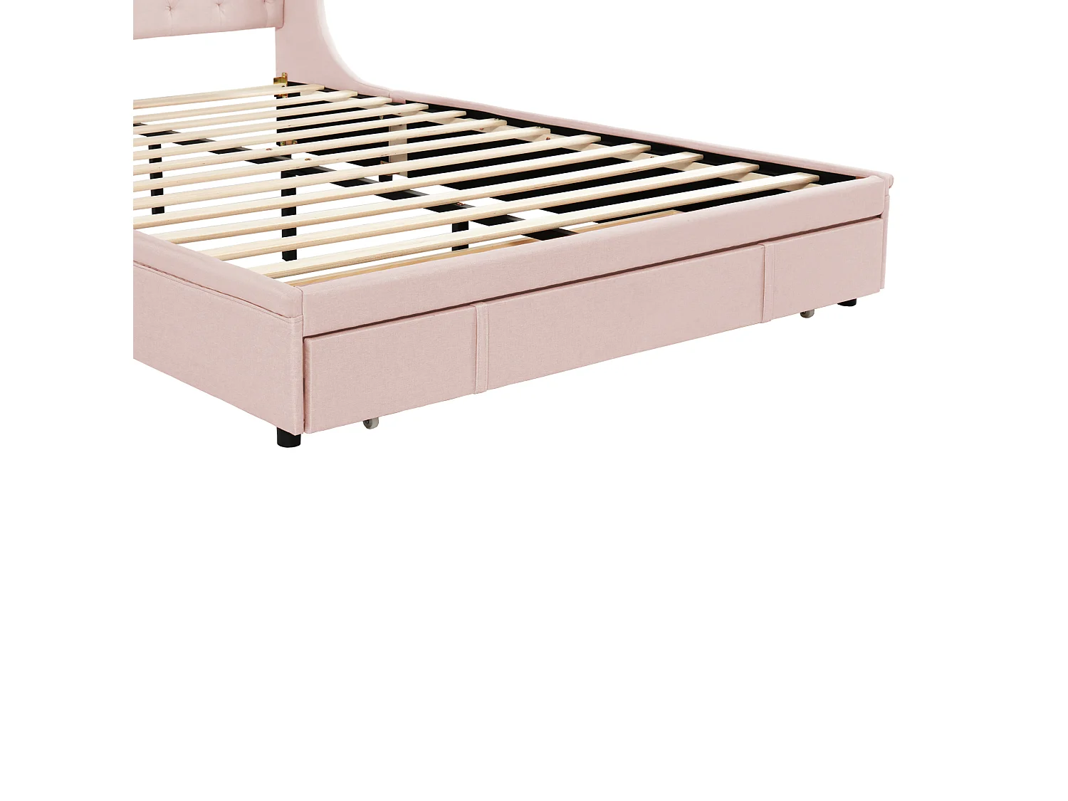 Lit Double Capitonné 140 X 200 cm - Avec Sommier À Lattes - Dossier et Grands Tiroirs - Rose - Sans Matelas