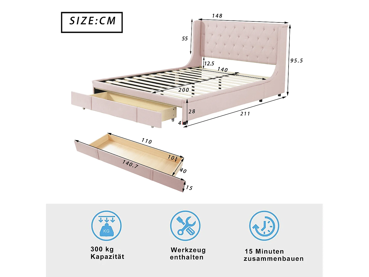 Lit Double Capitonné 140 X 200 cm - Avec Sommier À Lattes - Dossier et Grands Tiroirs - Rose - Sans Matelas