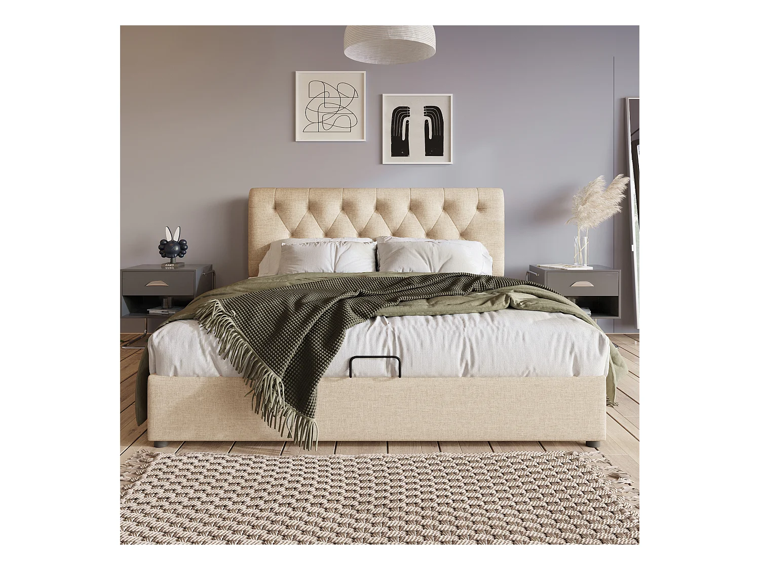Lit double hydraulique 160x200 cm capitonné, tête de lit réglable à lattes, cadre de lit moderne avec espace de rangement, couleur naturelle, matelas non inclus