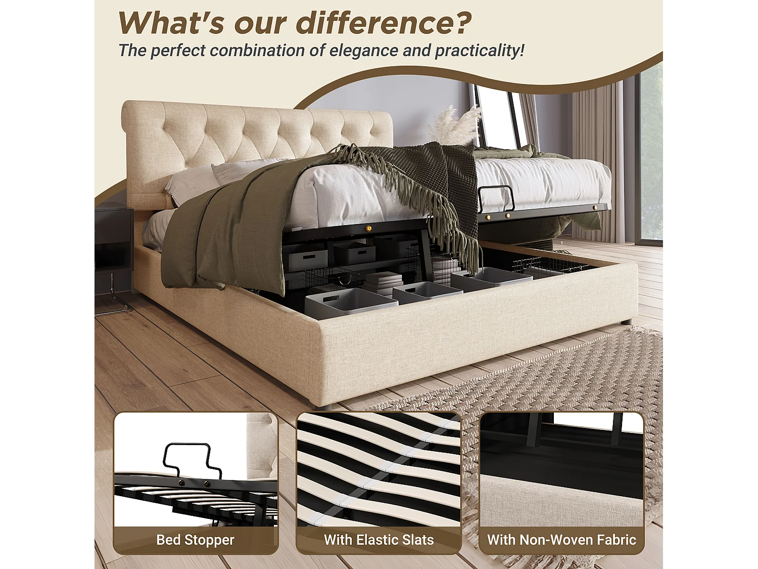 Cama acolchoada para adulto 180 x 1411 cm, sem cabeceira, com faixa LED (monocromática), base com suspensão hidráulica, bege.