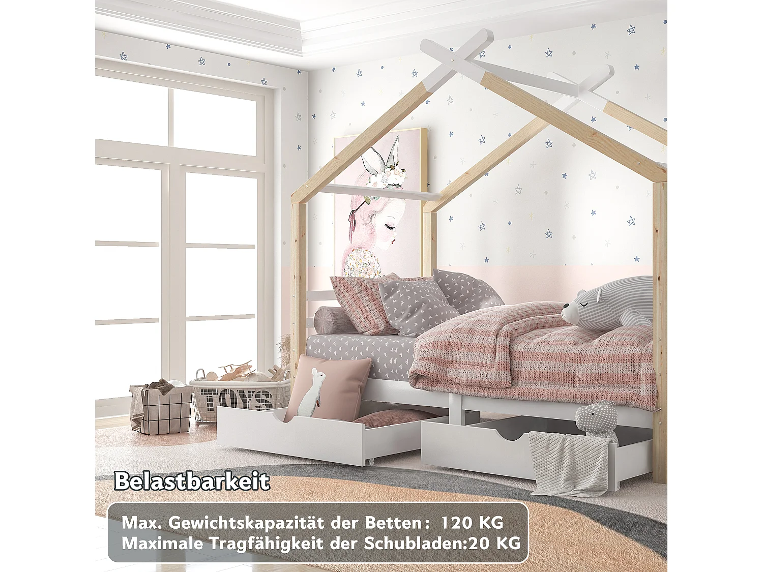 Lit Enfant - 90 X 200 cm - Style Cabane - Avec Tiroirs - Sommier À Lattes - Blanc