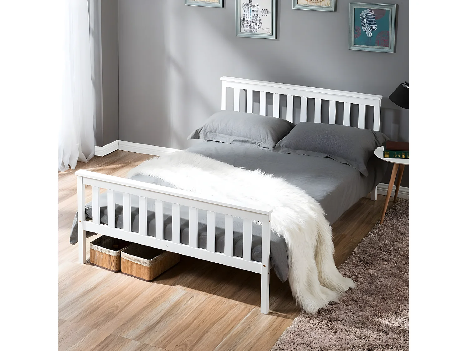 Lit Double En Bois Massif 140 X 200 cm Avec Sommier À Lattes - Blanc