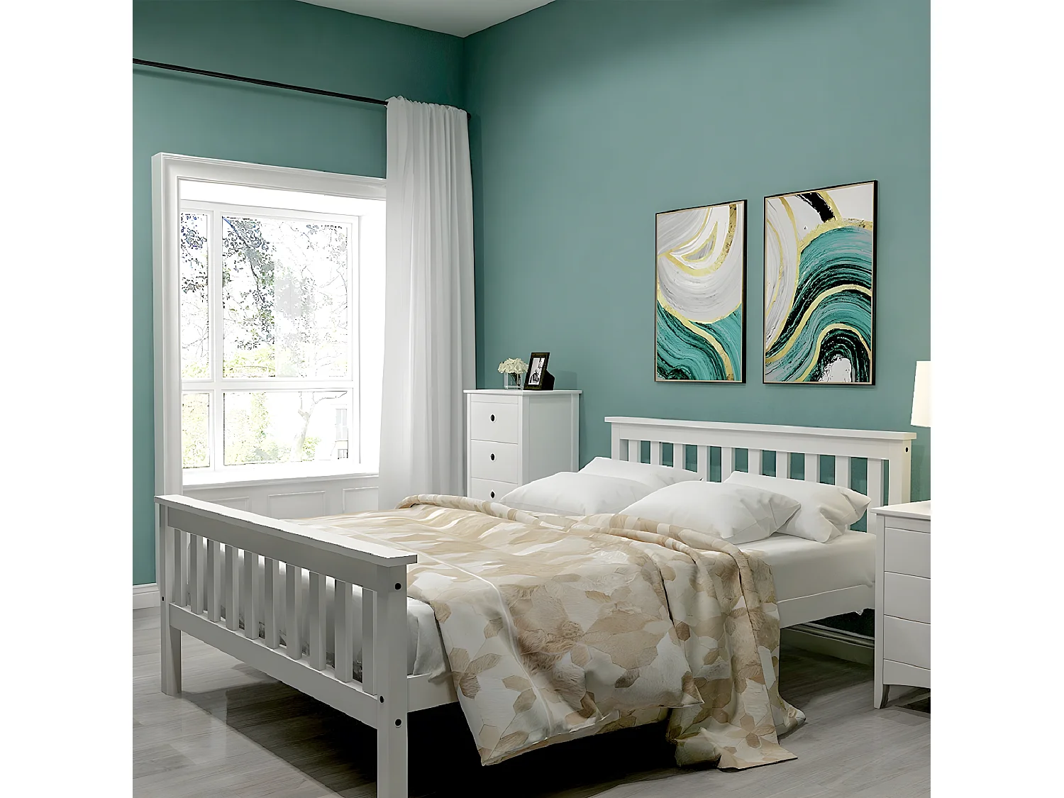 Lit Double En Bois Massif 140 X 200 cm Avec Sommier À Lattes - Blanc