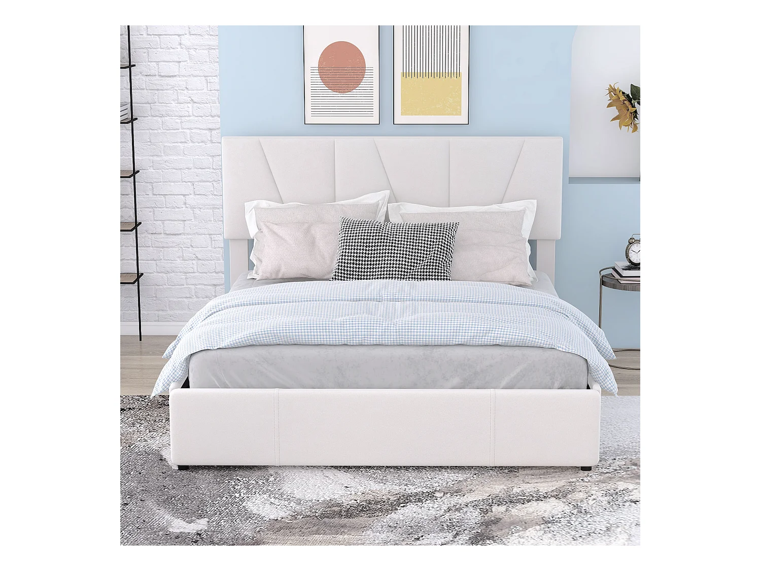 Lit Plateforme Double Rembourré - 140 X 200 cm - Tapisser - 4 Tiroirs - Tête De Lit Réglable - Beige