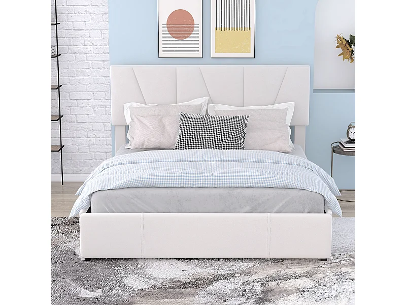 Lit Plateforme Double Rembourré - 140 X 200 cm - Tapisser - 4 Tiroirs - Tête De Lit Réglable - Beige