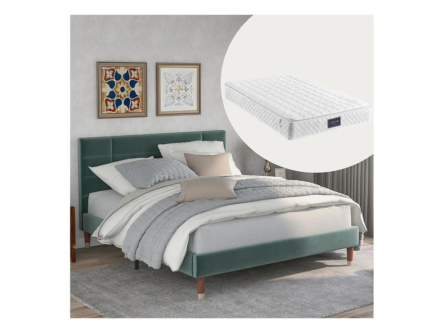 Lit Capitonné Double - 140 X 200 cm - Avec Sommier À Lattes - Tête De Lit - Velours - Vert - Matelas Inclus