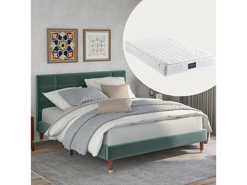 Lit Capitonné Double - 140 X 200 cm - Avec Sommier À Lattes - Tête De Lit - Velours - Vert - Matelas Inclus