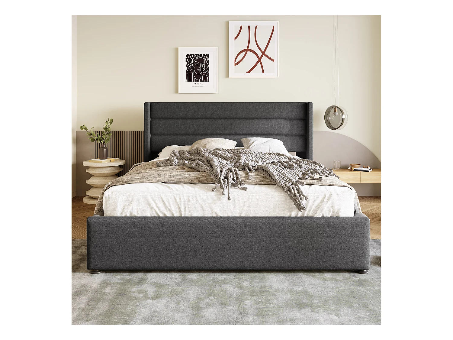 Lit Rembourré Rangement Double Hydraulique 180X200cm - Sommier En Bois - Lit En Métal et Lin - Gris