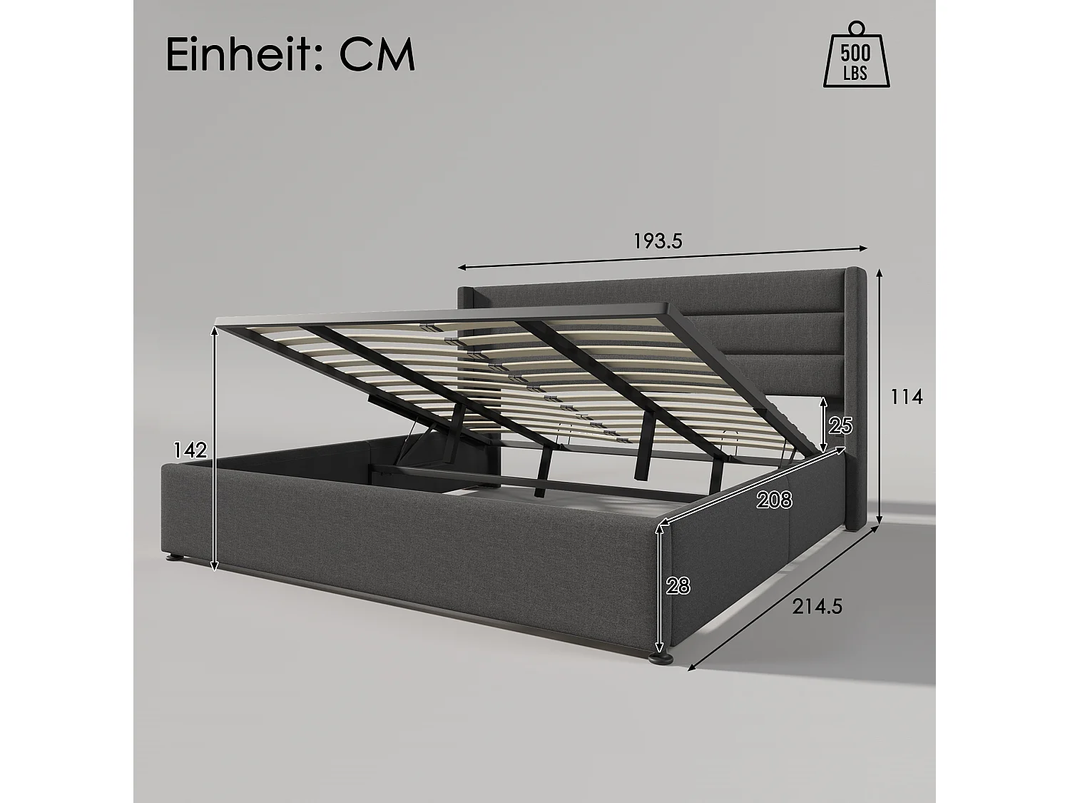 Lit Rembourré Rangement Double Hydraulique 180X200cm - Sommier En Bois - Lit En Métal et Lin - Gris