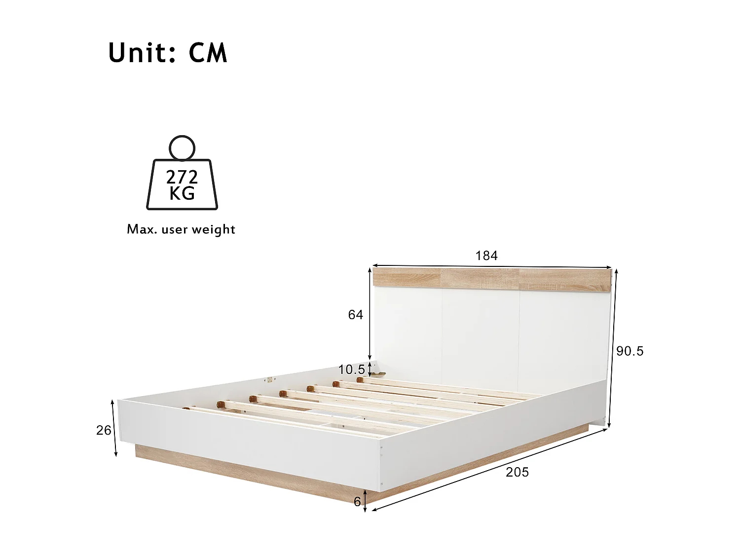 Cama acolchoada para adulto 180 x 1186 cm, sem cabeceira, com faixa LED (monocromática), base com suspensão hidráulica, bege.