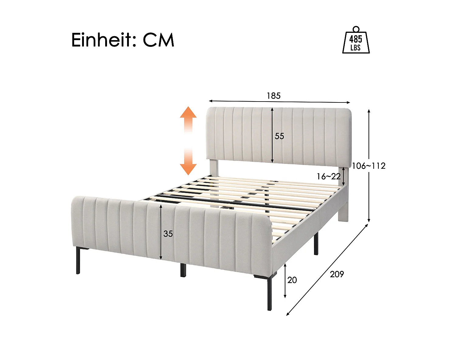 Lit double capitonné 180 x 200 cm, avec sommier à lattes et tête de lit réglable, lit capitonné gris-beige, tissu en lin