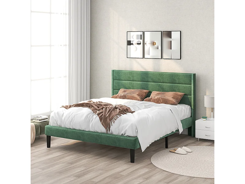 Lit Rembourré En Velours 140 X 200 cm - Avec Sommier À Lattes et Tête De Lit - Vert Foncé - Sans Matelas