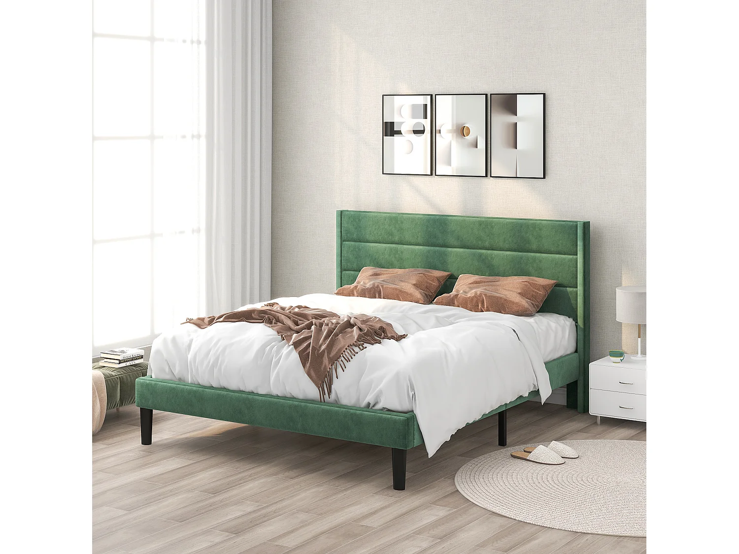 Lit Rembourré En Velours 140 X 200 cm - Avec Sommier À Lattes et Tête De Lit - Vert Foncé - Sans Matelas