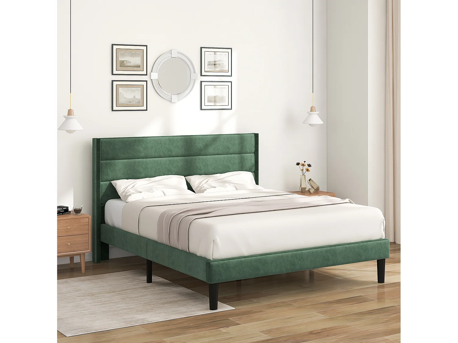 Lit Rembourré En Velours 140 X 200 cm - Avec Sommier À Lattes et Tête De Lit - Vert Foncé - Sans Matelas