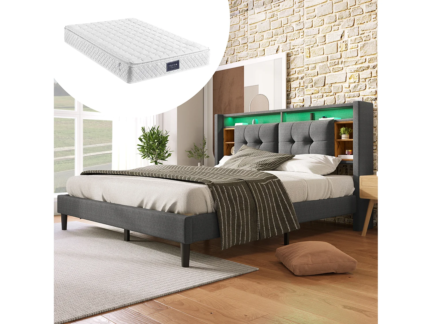Lit Double Capitonné - 160 X 200 cm - Chargement Usb Et Éclairage Led - Gris - Matelas Inclus