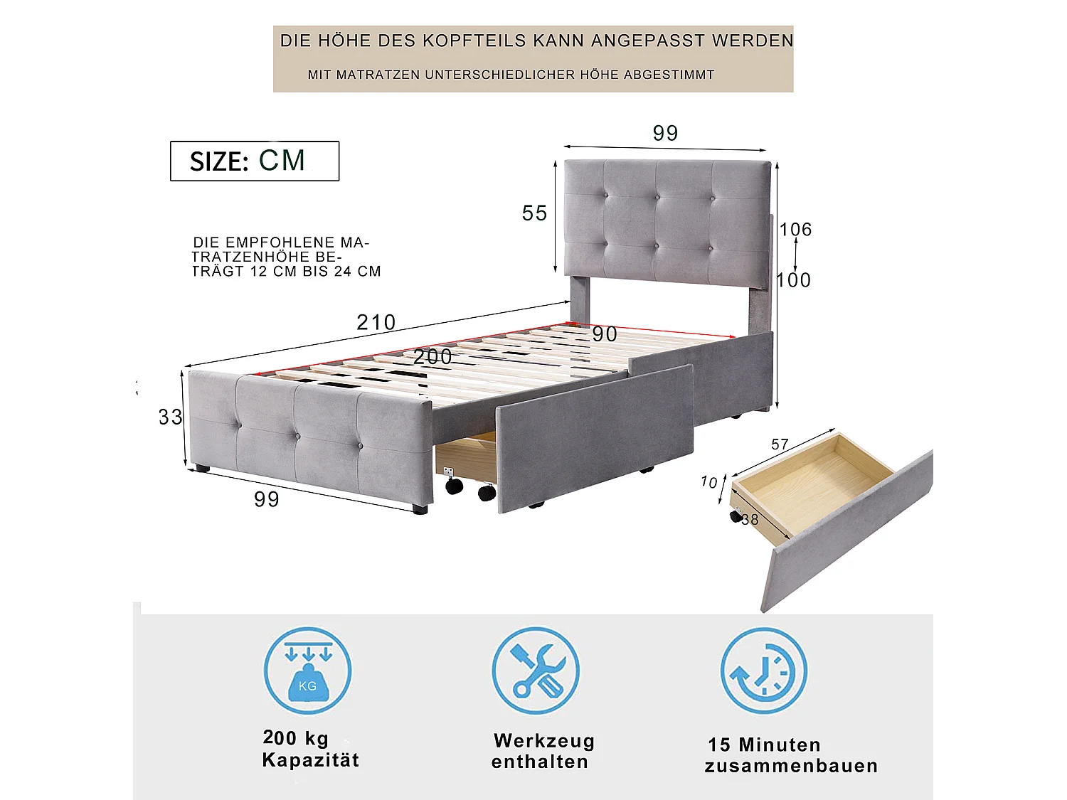 Cama acolchoada para adulto 180 x 743 cm, sem cabeceira, com faixa LED (monocromática), base com suspensão hidráulica, bege.