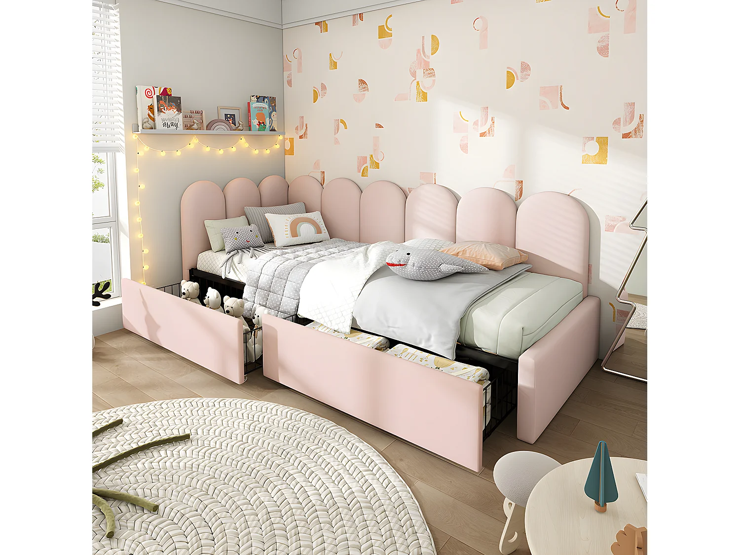 Cama acolchoada para adulto 180 x 1332 cm, sem cabeceira, com faixa LED (monocromática), base com suspensão hidráulica, bege.