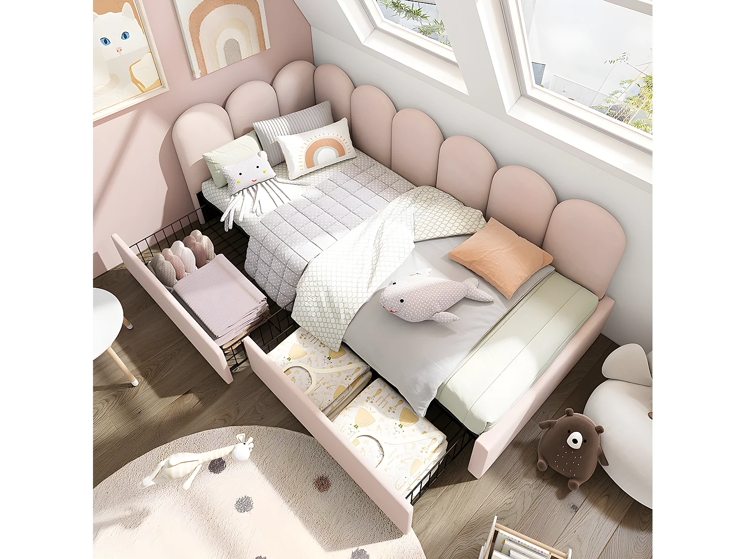 Cama acolchoada para adulto 180 x 1332 cm, sem cabeceira, com faixa LED (monocromática), base com suspensão hidráulica, bege.