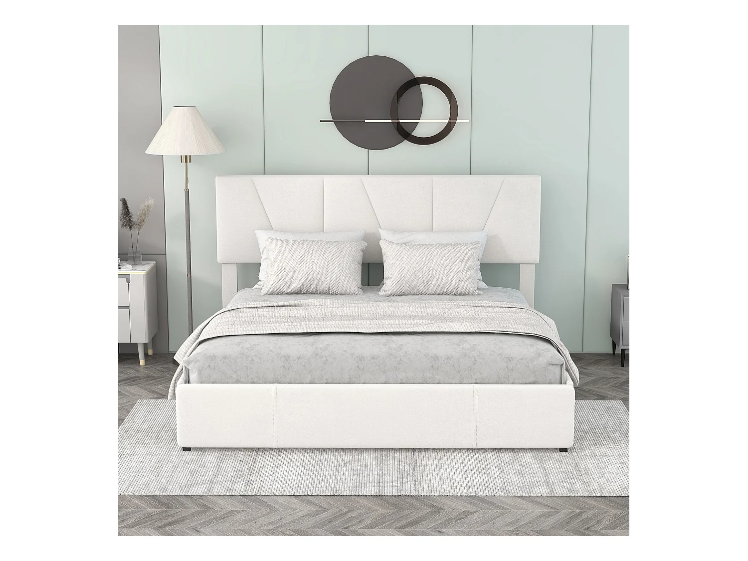 Lit Plateforme Double Rembourré - 160 X 200 cm - Tapisser - 4 Tiroirs - Tête De Lit Réglable - Beige