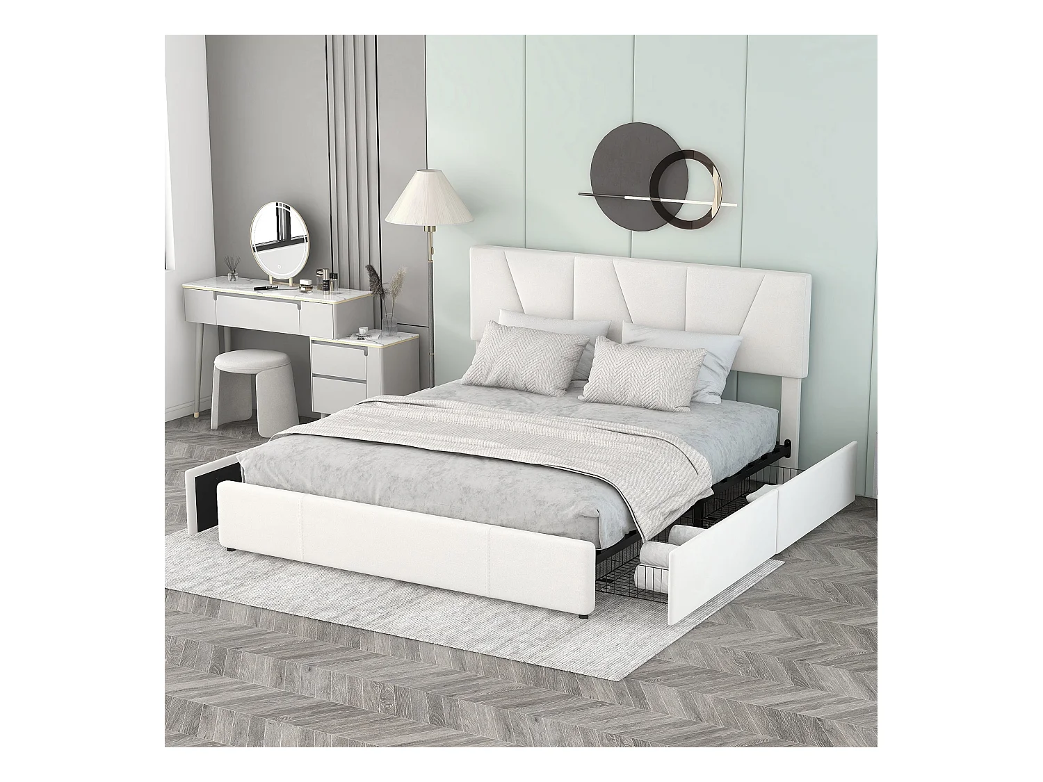 Lit Plateforme Double Rembourré - 160 X 200 cm - Tapisser - 4 Tiroirs - Tête De Lit Réglable - Beige