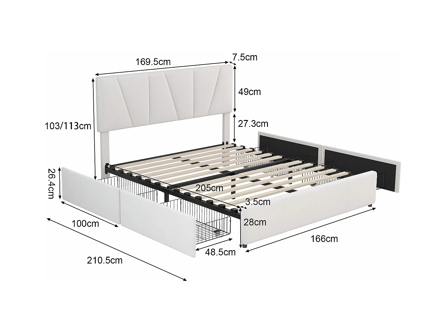 Lit Plateforme Double Rembourré - 160 X 200 cm - Tapisser - 4 Tiroirs - Tête De Lit Réglable - Beige