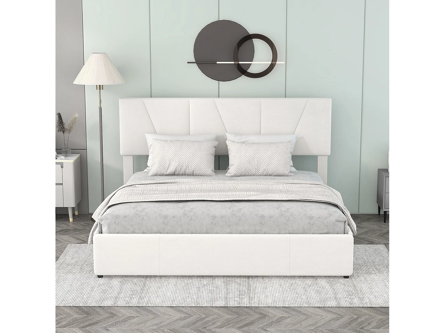 Lit Plateforme Double Rembourré - 160 X 200 cm - Tapisser - 4 Tiroirs - Tête De Lit Réglable - Beige