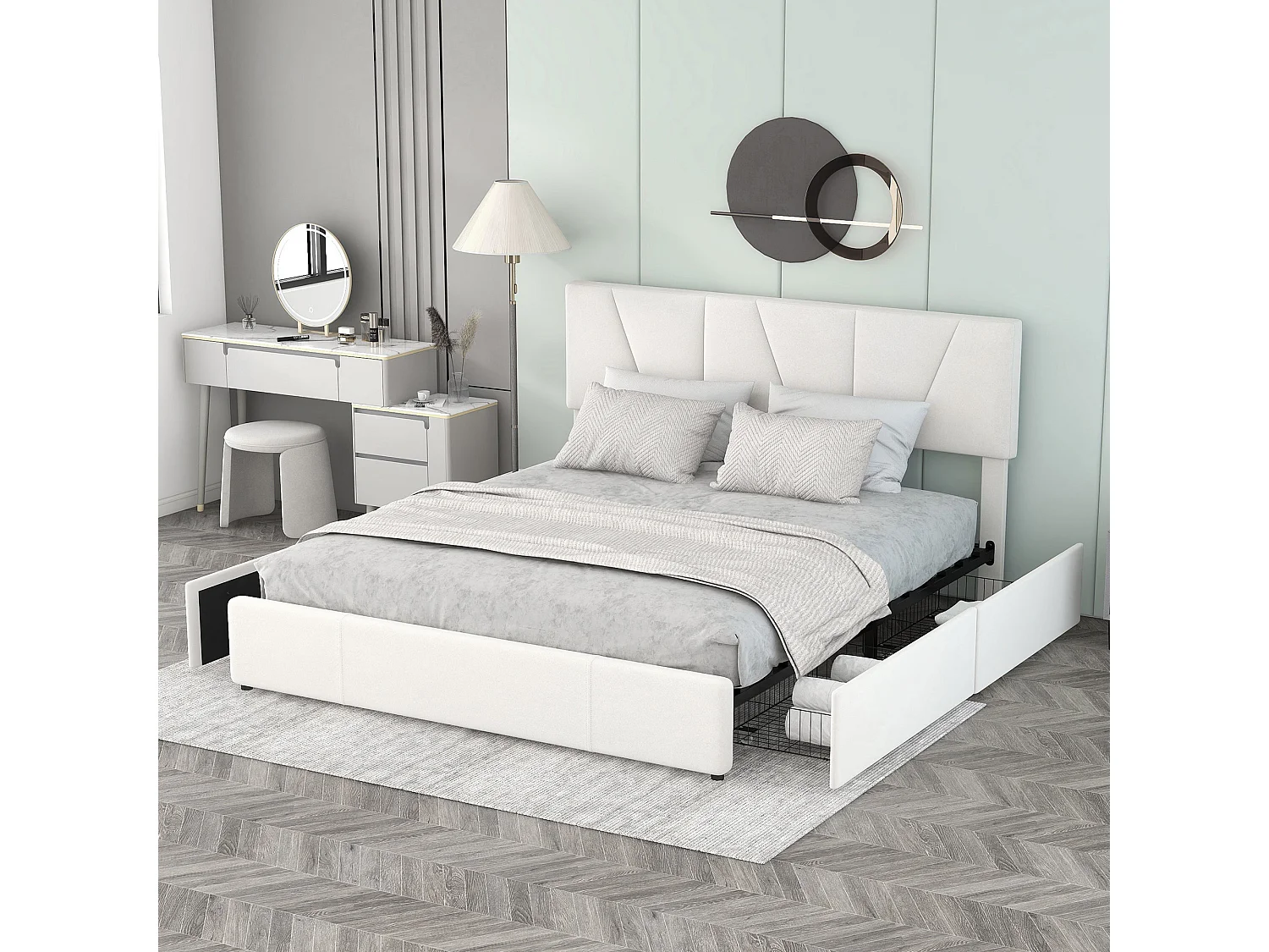 Lit Plateforme Double Rembourré - 160 X 200 cm - Tapisser - 4 Tiroirs - Tête De Lit Réglable - Beige