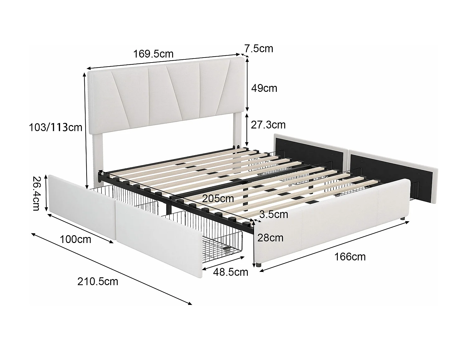Lit Plateforme Double Rembourré - 160 X 200 cm - Tapisser - 4 Tiroirs - Tête De Lit Réglable - Beige