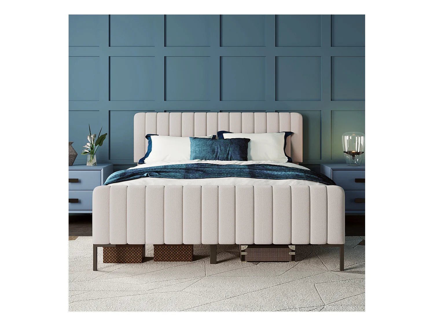 Lit double capitonné 160 x 200 cm, avec sommier à lattes et tête de lit réglable, lit capitonné gris-beige, tissu en lin