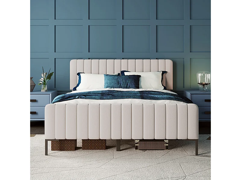 Lit double capitonné 160 x 200 cm, avec sommier à lattes et tête de lit réglable, lit capitonné gris-beige, tissu en lin