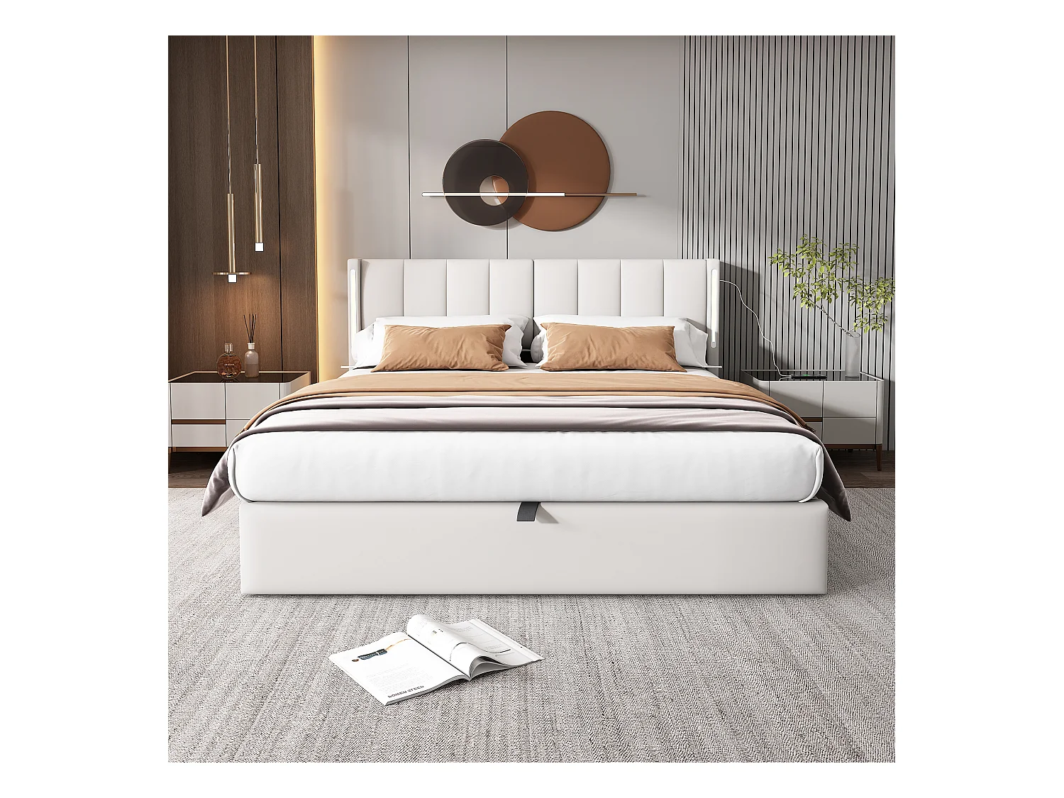 Lit softback blanc 140 x 200 cm, port USB rechargeable sur le lit avec éclairage LED et rangement, tête de lit réglable