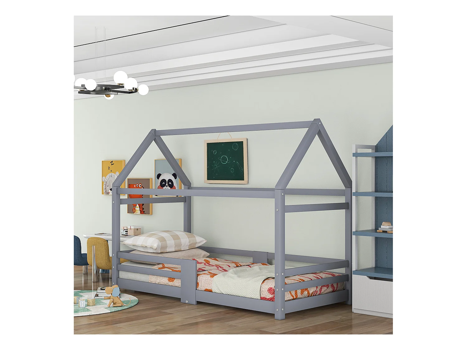 Lit Enfant 90 X 200 cm En Bois Avec Tablette - Sommier À Lattes Antichute - En Pin - Gris - Sans Matelas