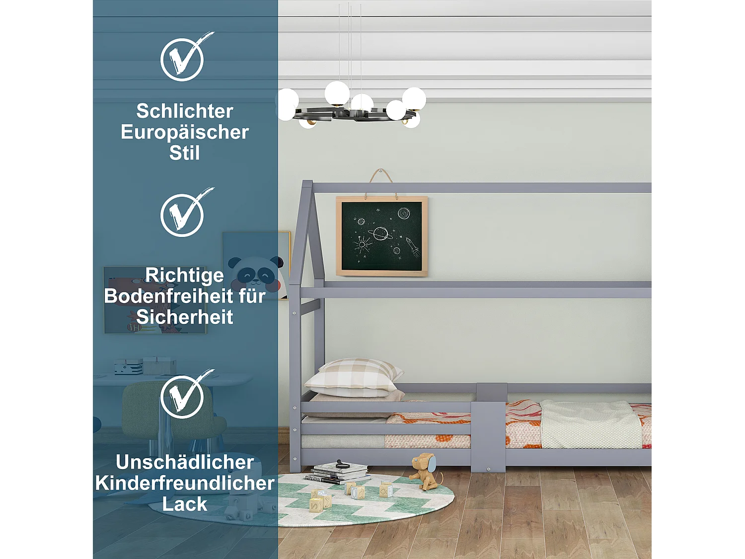 Lit Enfant 90 X 200 cm En Bois Avec Tablette - Sommier À Lattes Antichute - En Pin - Gris - Sans Matelas