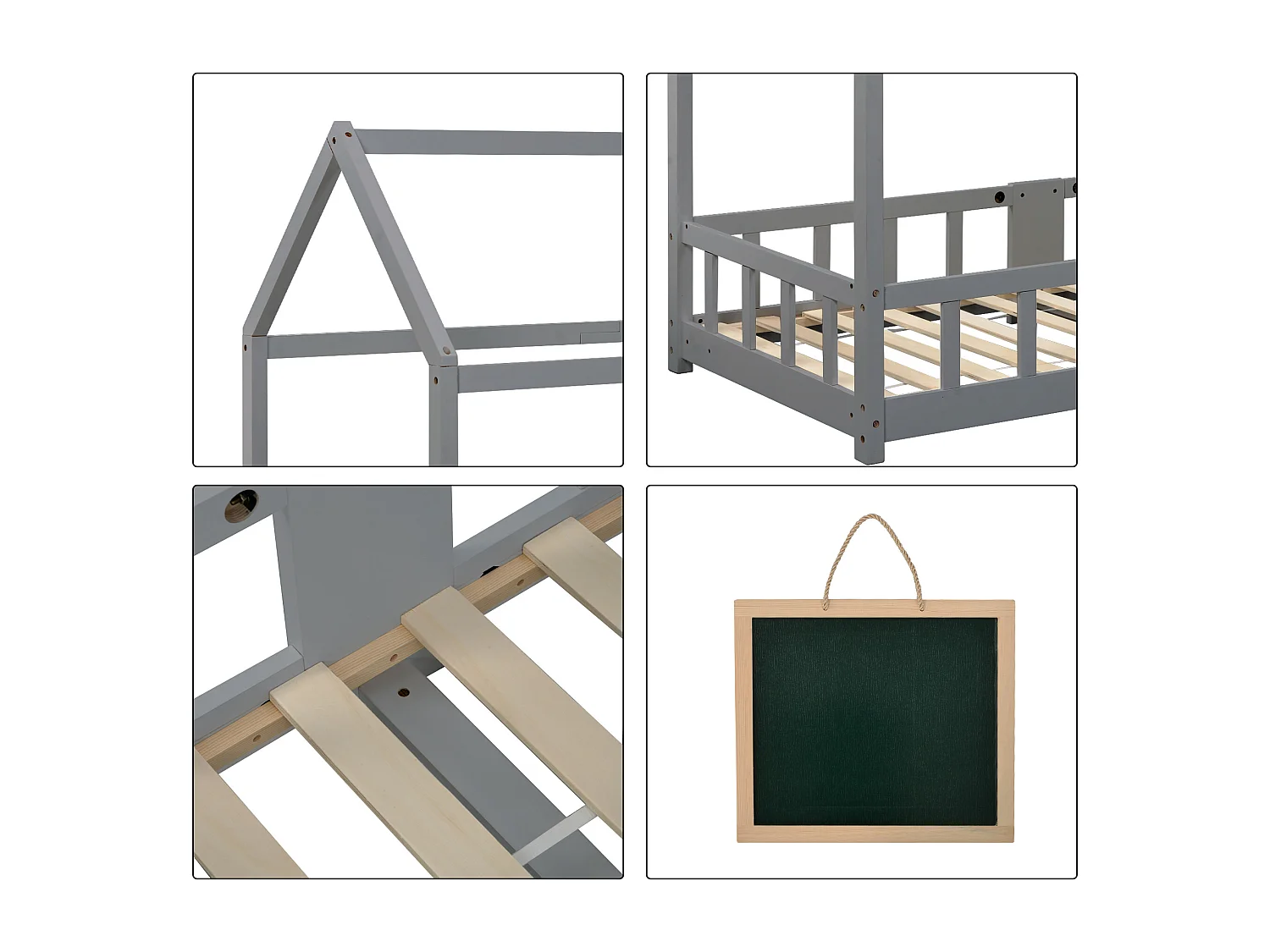 Lit Enfant 90 X 200 cm En Bois Avec Tablette - Sommier À Lattes Antichute - En Pin - Gris - Sans Matelas