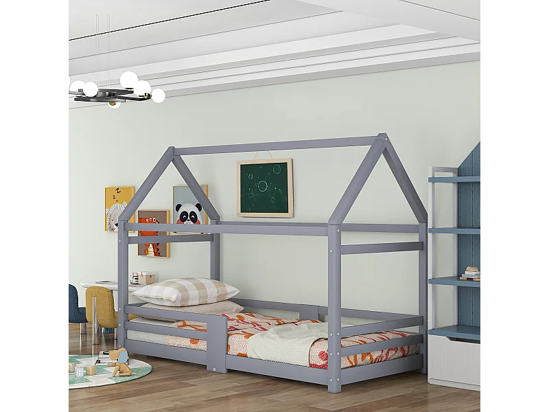 Lit Enfant 90 X 200 cm En Bois Avec Tablette - Sommier À Lattes Antichute - En Pin - Gris - Sans Matelas