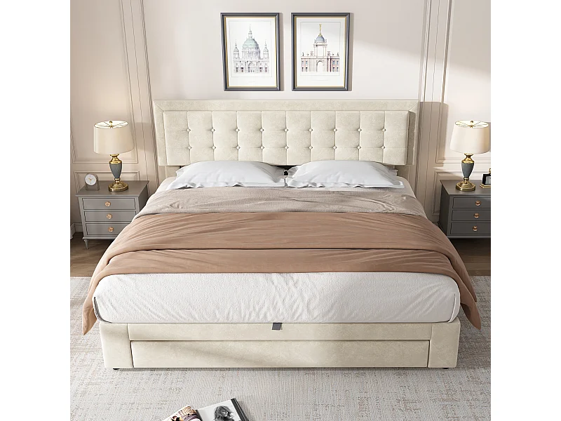 Cama acolchoada para adulto 180 x 643 cm, sem cabeceira, com faixa LED (monocromática), base com suspensão hidráulica, bege.