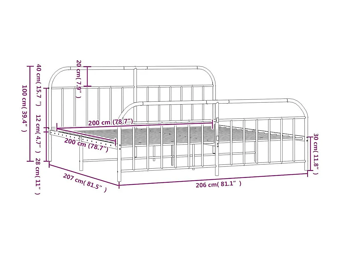 Cadre de lit métal sans matelas avec pied de lit noir 200x200cm