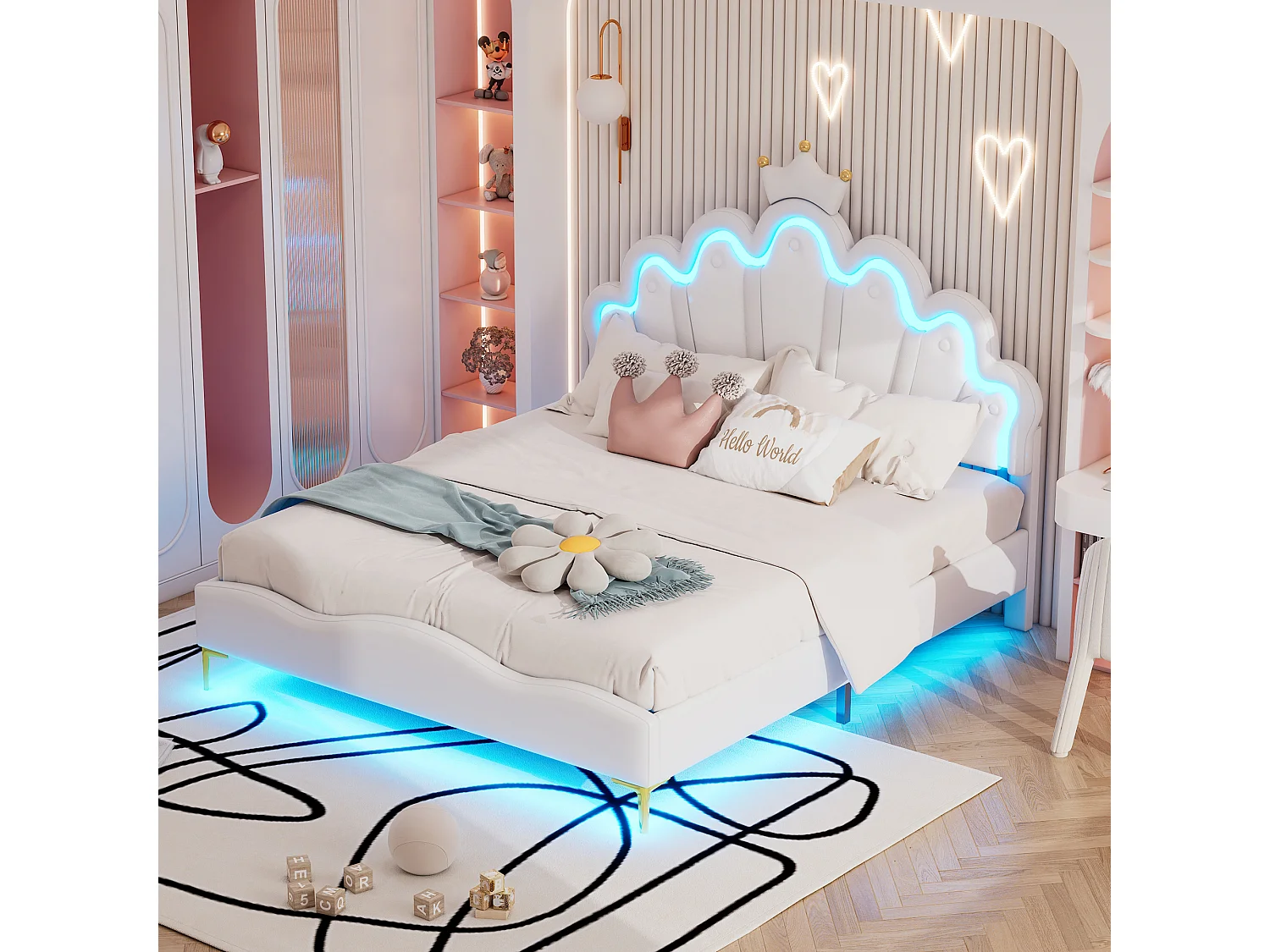 Lit double plat blanc 140 * 200cm, intérieur en cuir pu doux, bande lumineuse d'environnement LED réglable
