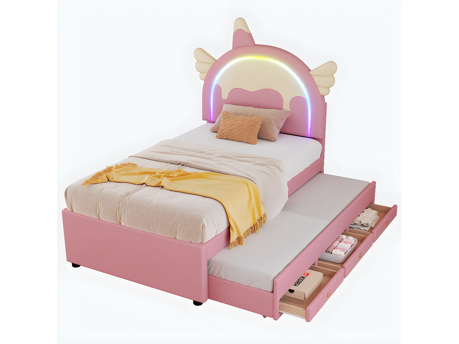 Rose 140 * 200cm Cartoon lit d'enfant, pu matériel, avec lit extensible dépliable, UNICORN style