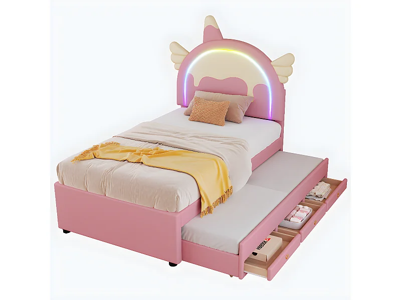 Rose 140 * 200cm Cartoon lit d'enfant, pu matériel, avec lit extensible dépliable, UNICORN style