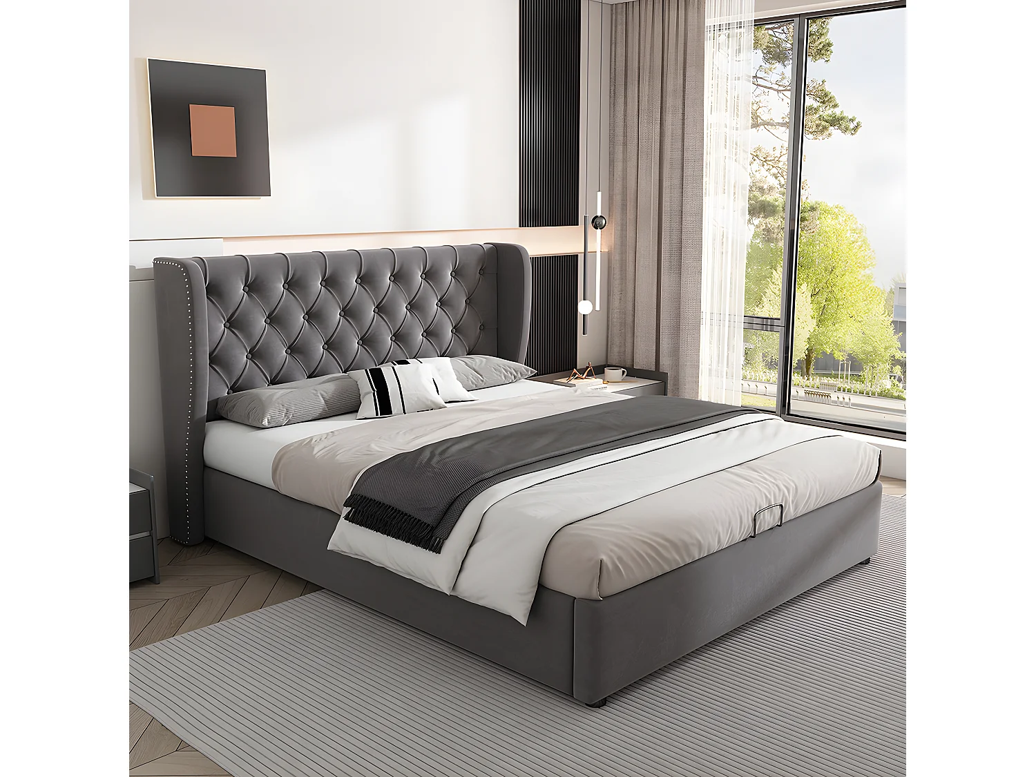 Cama acolchoada para adulto 180 x 232 cm, sem cabeceira, com faixa LED (monocromática), base com suspensão hidráulica, bege.