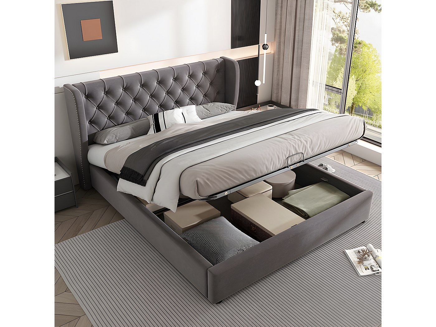 Lit Coffre Adulte 140x190 Cm - Lit 2 Personnes Avec Hydraulique De Rangement - LED - Sommier à Lattes - Tissu En Velours - Beige - Maison