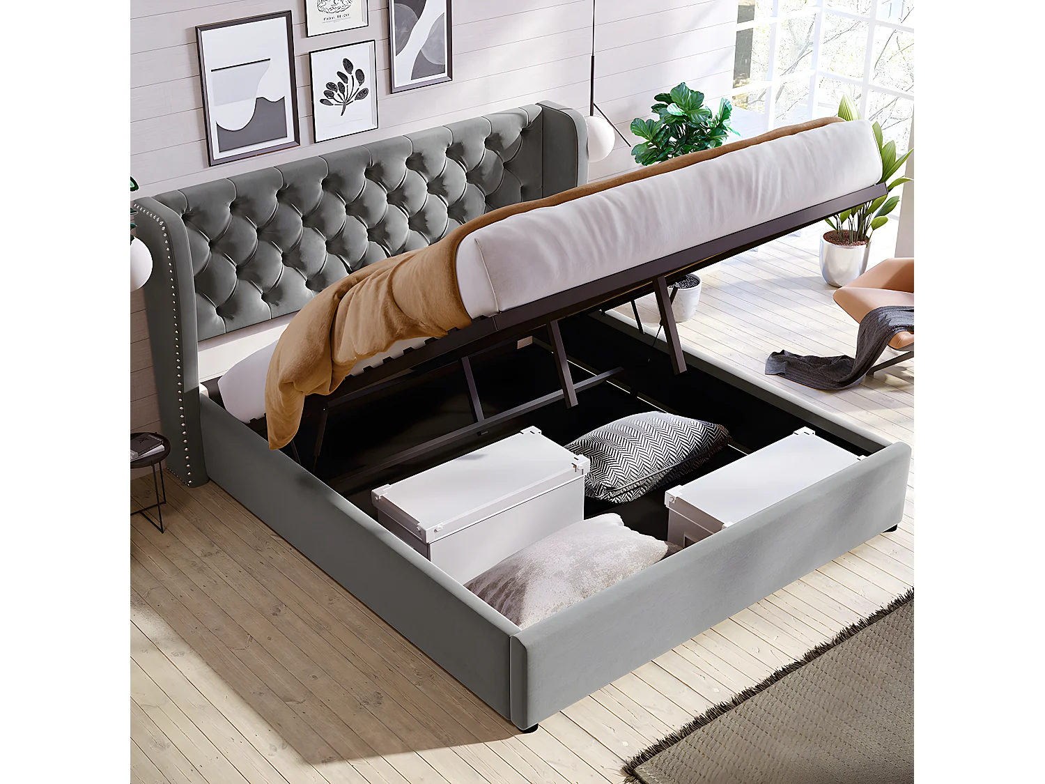 Cama acolchoada para adulto 180 x 232 cm, sem cabeceira, com faixa LED (monocromática), base com suspensão hidráulica, bege.